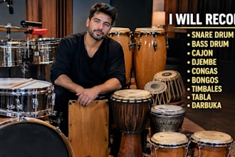 record acoustic drum kit, conga, bongo, tabla, samba, cabasa, shakers, timbales