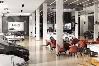 do 3d car showroom design, display center, car dealership, automotive workshop