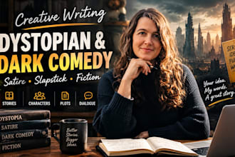 write dystopian slapstick satire dark comedy fictional stories