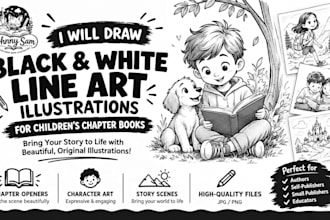 draw black and white line art illustrations for childrens chapter books