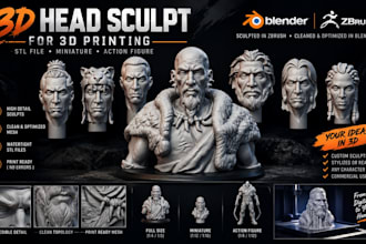 sculpt 3d head, scale size head, miniature, action figure for 3d stl file print