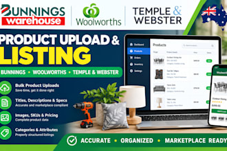 upload product on bunnings, woolworths, temple and webster, apply seller account