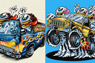 create rafink style hot rod cartoon illustration for tshirt and merch