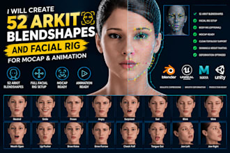 create 52 arkit blendshapes and facial rig for mocap and animation