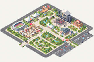 create 2d isometric map, route map, event map, wayfinding map and venue map