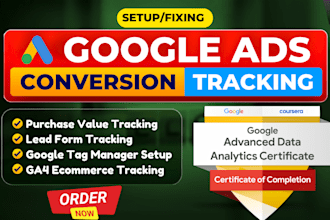 setup or fix google analytics 4, ga4 ecommerce tracking, conversion tracking GTM