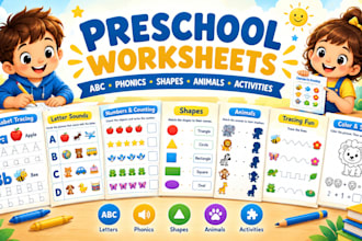 design 2d design preschool worksheet with abc, shapes, animals phonics, kids