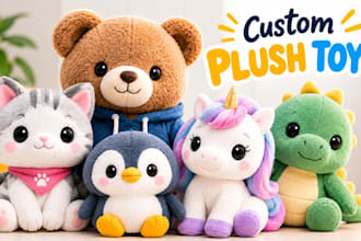 design custom plush toy, stuffed animal, plushie and 3d plush character