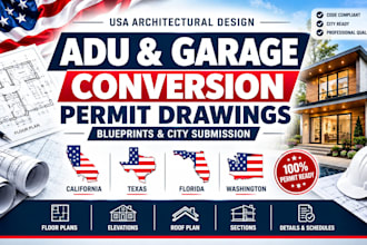 do adu permit drawings and garage conversion plans for USA city submission