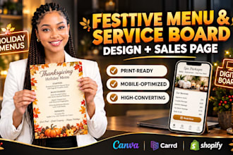 design festive holiday menus, service boards and promotional sales pages