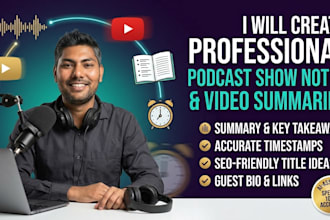 write podcast notes, audio video summaries and timestamps