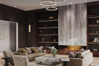 design residential home interior, living room rendering, kitchen and bathroom