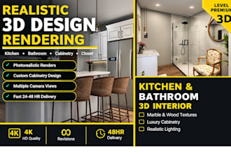 design realistic kitchen and bathroom 3d rendering with cabinetry