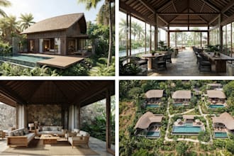 design 3d tropical villa, bali villa, beach house and resort