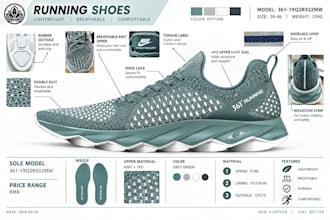 create a shoe tech pack with specs, sketches, and sizing charts