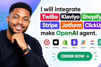 integrate twilio klaviyo shopify stripe jotform clickup make openai agent