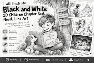 illustrate black and white 2d children chapter book cartoon novel line artwork