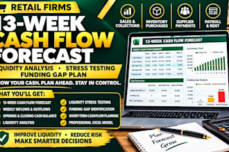 develop 13 week cash flow, liquidity stress, funding gap plan for business