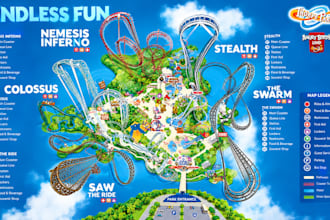 design illustrated theme park maps, zoo maps and attraction maps layouts