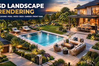 design 3d backyard landscape, pool, patio deck, terrace garden front yard render