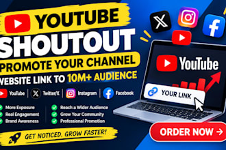 youtube shoutout promote channel website link to 10m twitter yt, ig, fb audience