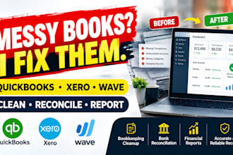 fix bookkeeping, quickbooks cleanup, xero, wave, reconciliation and reports