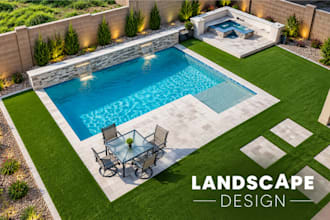 design backyard front yard  pool patio garden deck and 3d landscape rendering