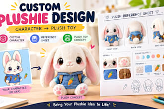 design a custom plushie character and professional plush toy reference sheets