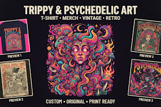 retro psychedelic t shirt vintage design, poster illustration for merchandise