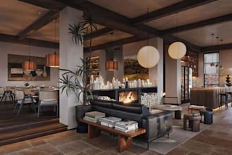 create 3d wabi sabi renderings for modern coffee shop cafe and lounge dining bar