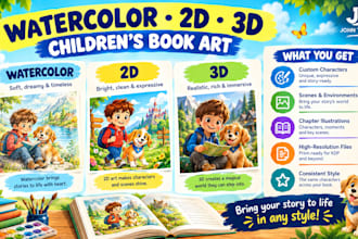 create watercolor, 2d and 3d kids book art with characters, scenes and stories