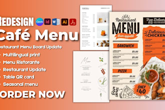create café bar menu, redesign restaurant menu board update, multilingual print