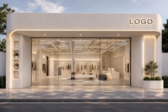 design luxury fashion store with garment racks set cashier desk and bench setups