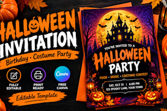 design a canva halloween invitation, birthday invite,  costume party invitation