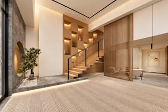 render 3d modern oriental office interior spaces with workstation and reception