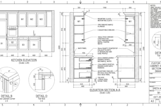 create custom kitchen cabinet elevation section, shop drawings for manufacturing