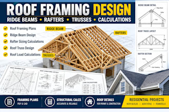 design roof framing plans, ridge beam, rafters, trusses calculations