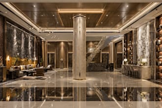design luxury hotel interior, floor plans and photorealistic 3d rendering