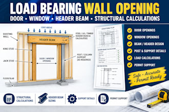 load bearing wall opening, door window header beam design calculations