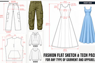 create fashion flat sketch and tech packs for any type of garment, cloth apparel