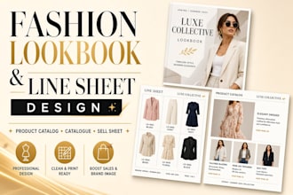 design fashion lookbook, line sheet product catalog, catalogue and sell sheet