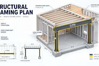 design load bearing wall removal plans, beam sizing, and permit drawings