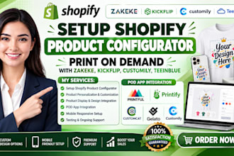 setup shopify product configurator pod with zakeke kickflip customily teeinblue