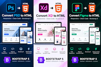 convert psd to html, xd to html, figma to html responsive bootstrap 5