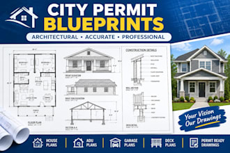 create city permit blueprints, architectural 2d floor plans, adu, garage, deck