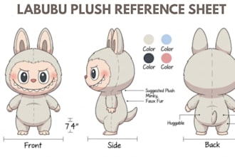 create custom plushie reference sheet for stuffed animal character ych