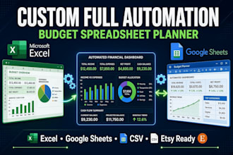 design custom full automation excel google csv etsy budget spreadsheet planner
