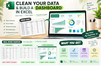 clean excel data, create pivot tables and build an excel dashboard