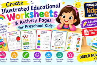 create illustrated educational worksheets and activity pages for preschool kids