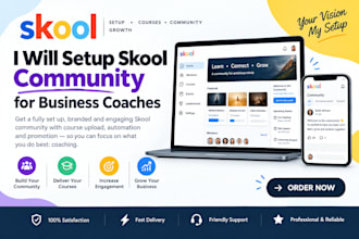 setup skool community for business coaches, skool course upload, promotion